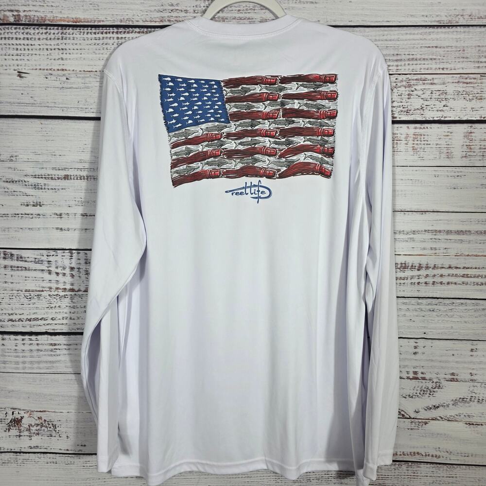 Reel Life Men's Large White Long Sleeve Performance Fishing Flag Graphic